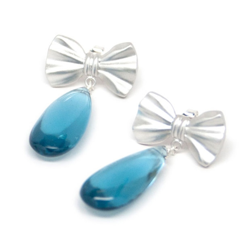 Blue stones silver bow earrings